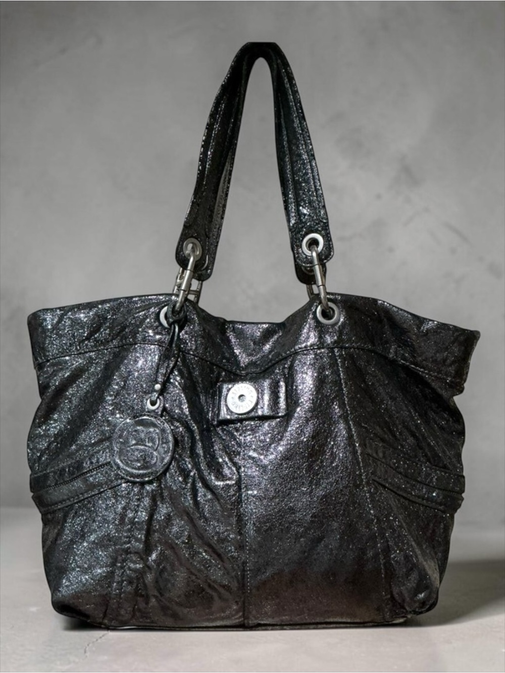 Kipling Celia Shopper Hobo Tote Metallic Black Leather Shoulder Bag Monkey